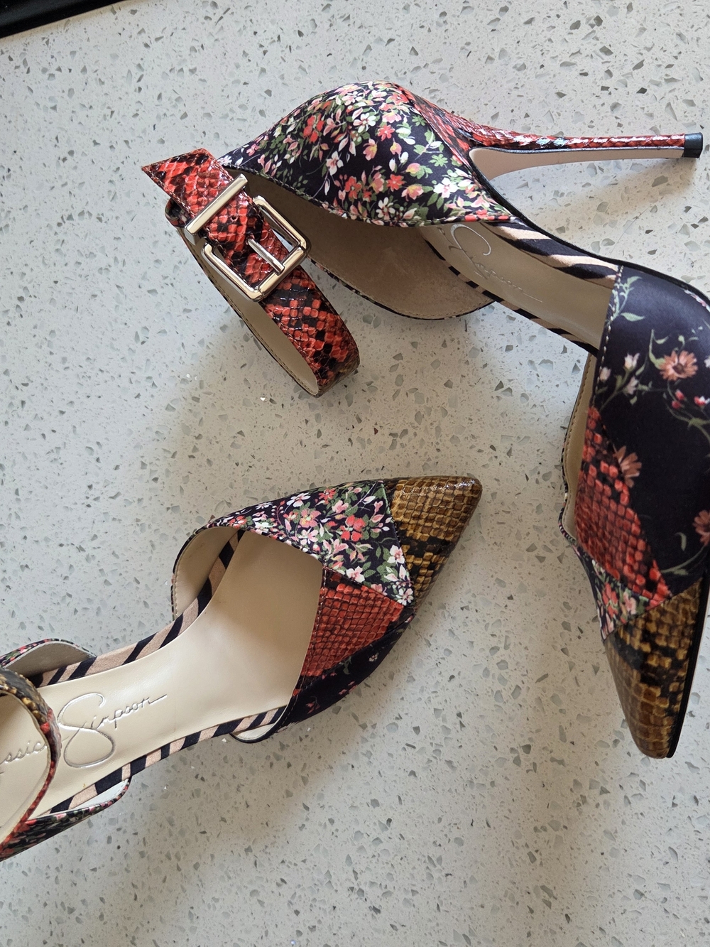 Floral Patchwork Pointed-Toe Ankle Strap Pumps in Black - Picture 2 of 7